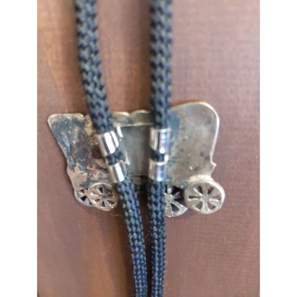 Bolero Neck Tie Covered Wagon Cowboy Rodeo Western Silver Tone Black Dressy - Picture 4 of 4